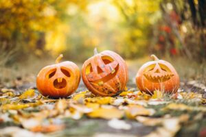 Three pumpkin jack-o-lanterns outside on ground