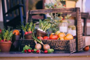 Basket of vegetables with radishes, tomatoes, and carrots.