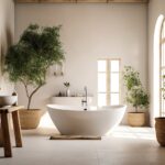 White bathtub in bathroom with potted tree