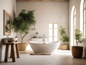 White bathtub in bathroom with potted tree